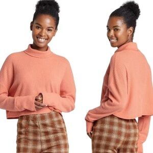 Wild Fable Boxy Cropped Sweater Waffle Knit Turtleneck Long Sleeve Top SM Orange